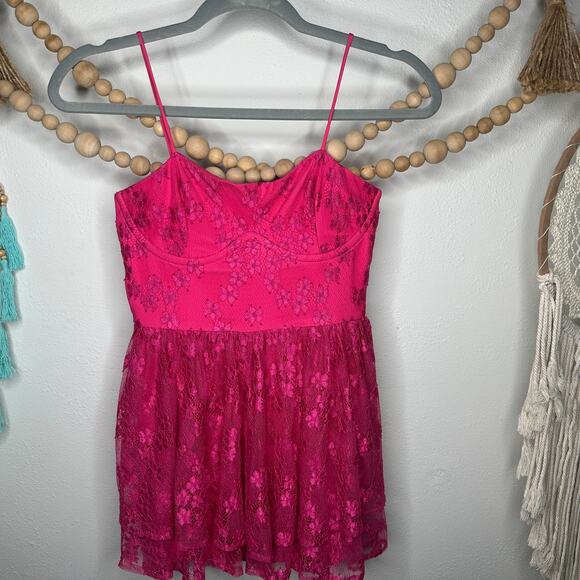 Lovers + Friends Electric Pink Lace Jia Mini Dress - Picture 1 of 5